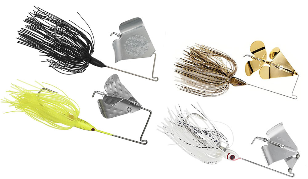 Bass-sized Buzzbaits like the War Eagle Buzzer (top left), Booyah Counter Strike (top right), Strike King Tri-Wing (bottom left) and Booyah Buzz Blade (bottom right) are super-effective for early season muskie.