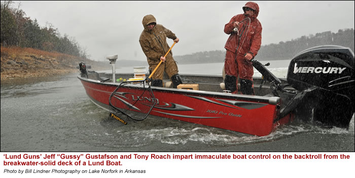 Lund Guns Jeff Gussy Gustafson and Tony Roach impart immaculate boat control on the backtroll from the breakwater-solid deck of a Lund Boat. Photo by Bill Lindner Photography on Lake Norfork in Arkansas  