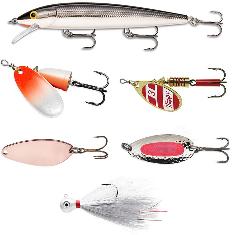 A basic lure kit for beach fishing would include a selection of (from top, left to right) Husky Jerks, Blue Fox Vibrax and Mepps spinners, Little Cleo and Pixee spoons, and simple hair jigs.